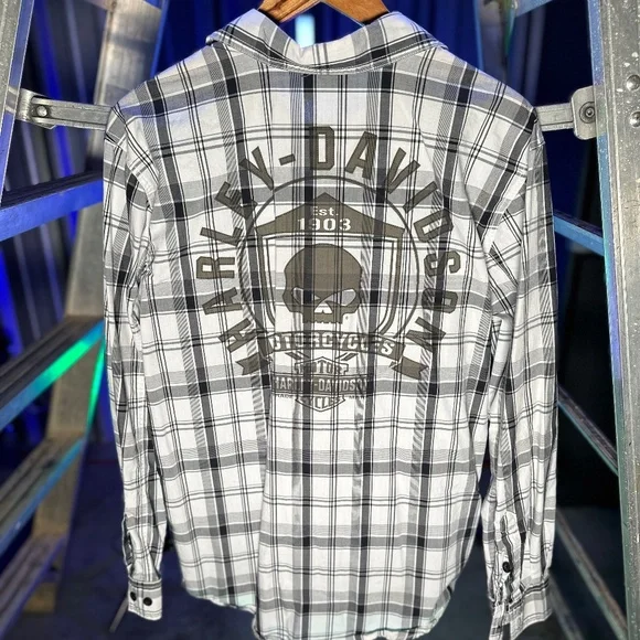 Harley-Davidson Men's Willie G. Skull Shield Plaid Shirt LS, Black/Grey - Picture 5 of 7
